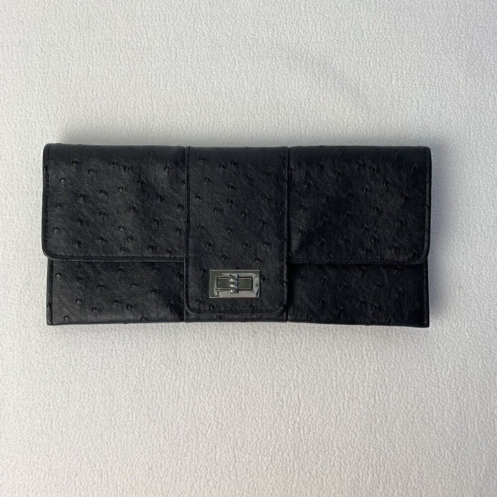 MMS Black Faux Leather Clutch Dot Pattern Turn Lock Rectangle